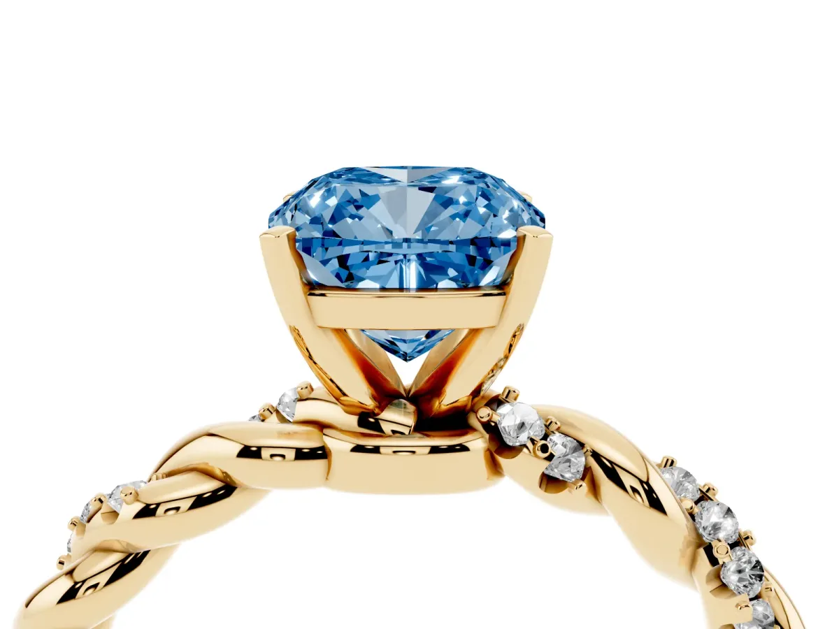 Fancy Blue Cushion Cut Diamond Solitaire Ring with Twisted Band and Pavé Accents Yellow gold