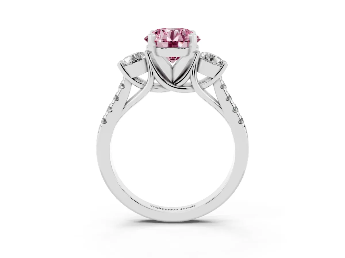 Fancy Pink Three-Stone Round Cut Diamond Pavé Band with Four-Prong Setting Platinum