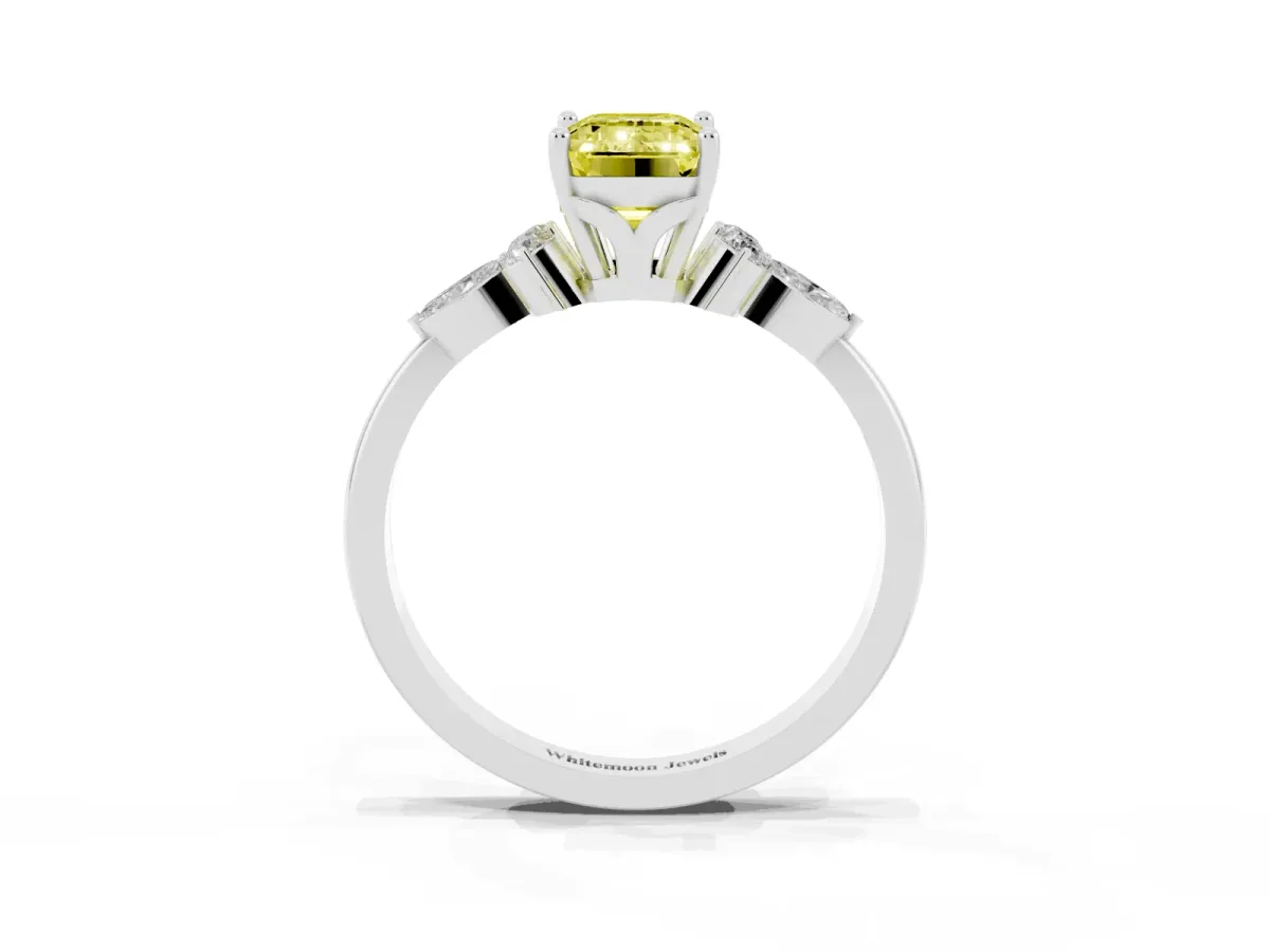 Fancy Yellow Emerald Cut Brilliant Diamond Solitaire Ring with Pear Side Stones and Four-Prong Setting White gold