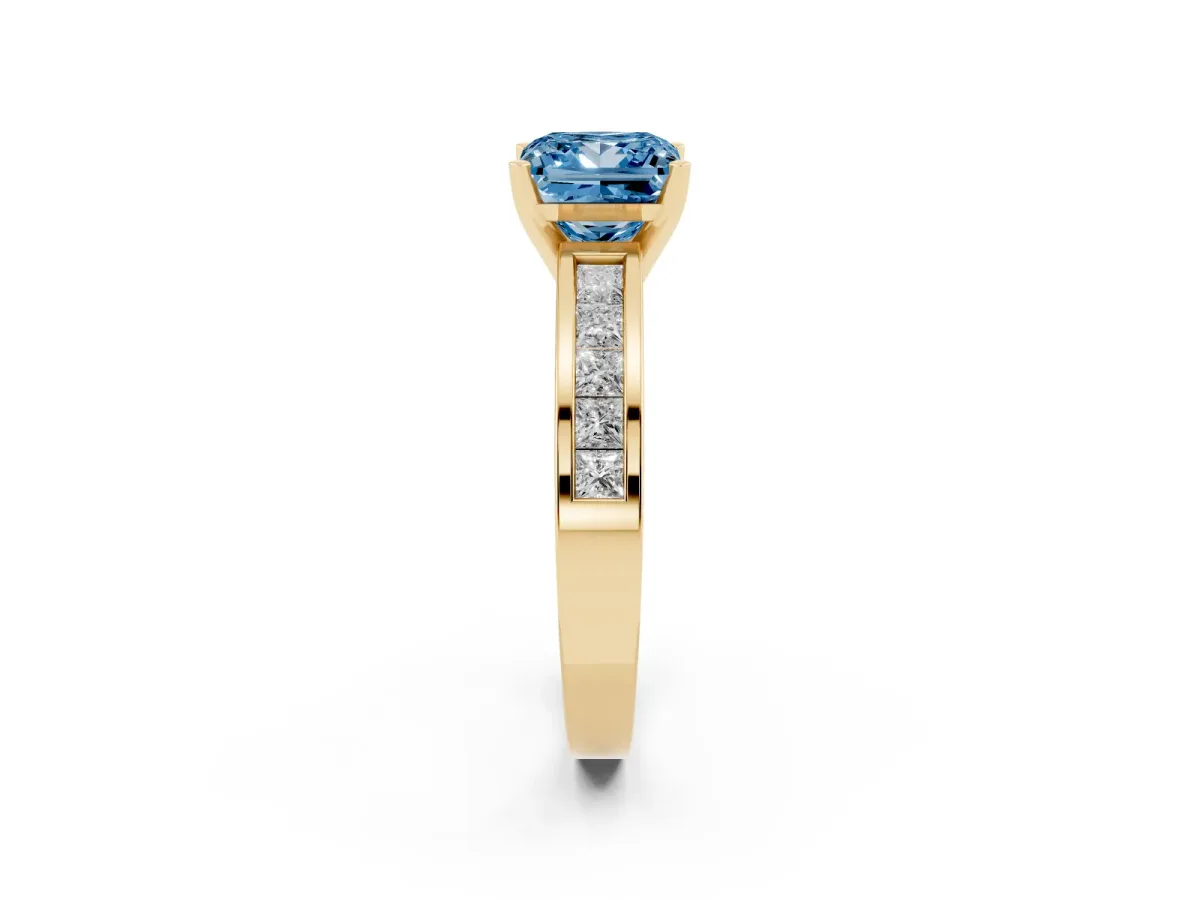 Fancy Blue Princess Cut Solitaire Diamond Ring with Channel-Set Band and Four-Prong Setting Yellow gold
