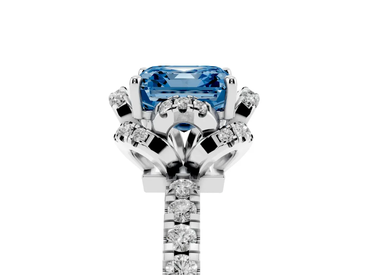 Fancy Blue Asscher Cut Diamond Halo Pave Band with Four-Prong Setting Silver