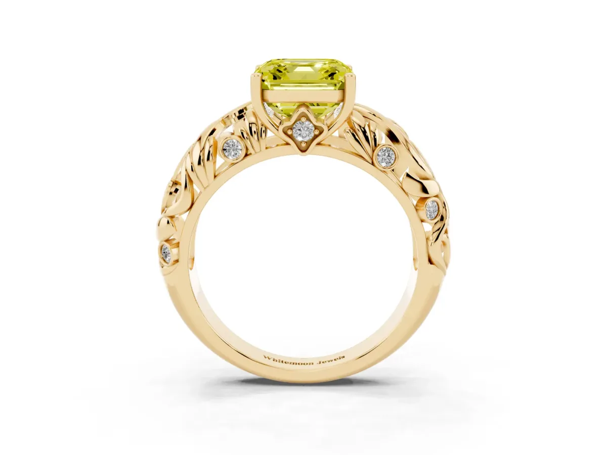 Fancy Yellow Asscher Cut Solitaire Diamond Leaf-Inspired Vine Band Ring with Prong Setting Yellow gold