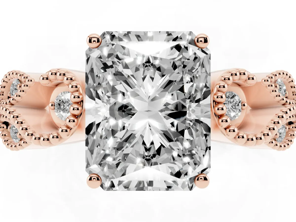 Princess Cut Solitaire Milgrain Leaf Band with Prong Setting Rose gold