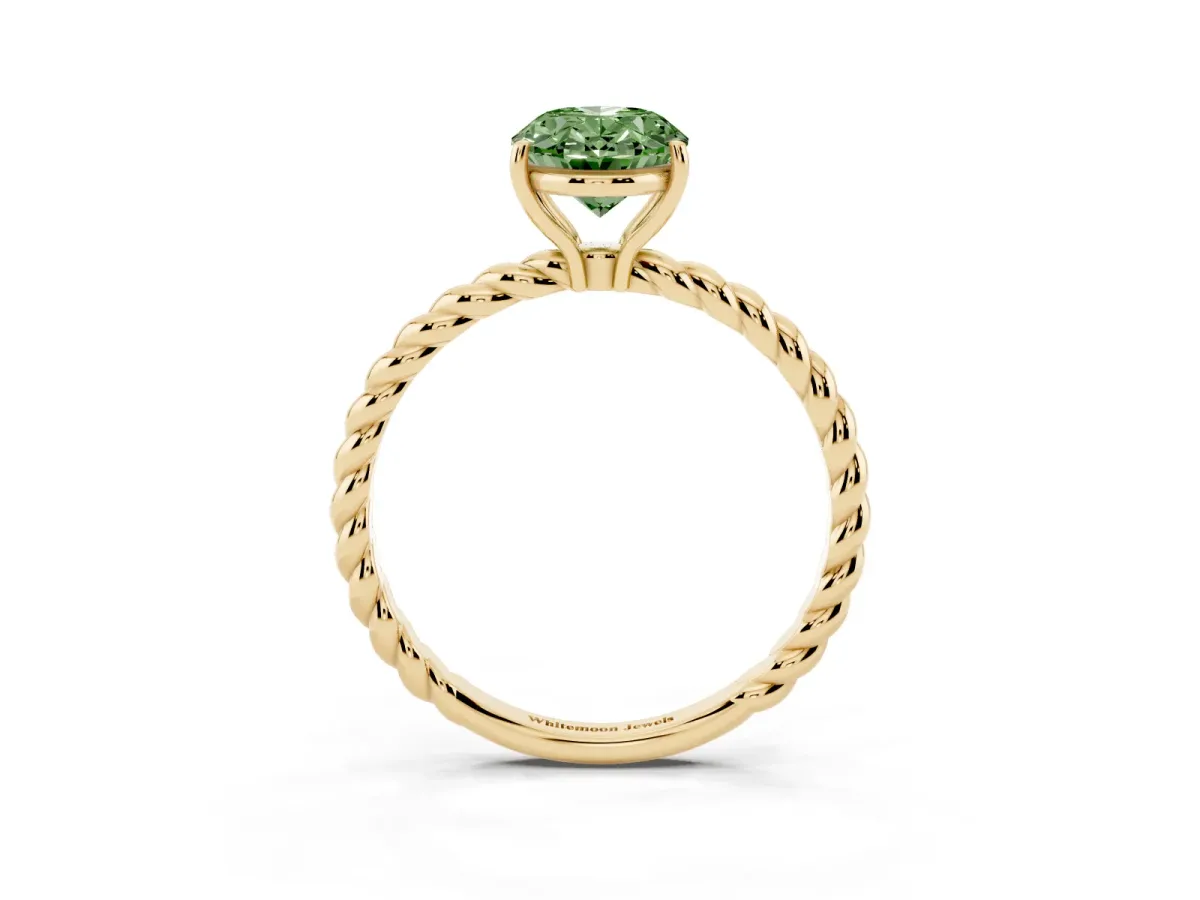 Fancy Green Oval Cut Solitaire Twist Band Ring with Four-Prong Setting Yellow gold