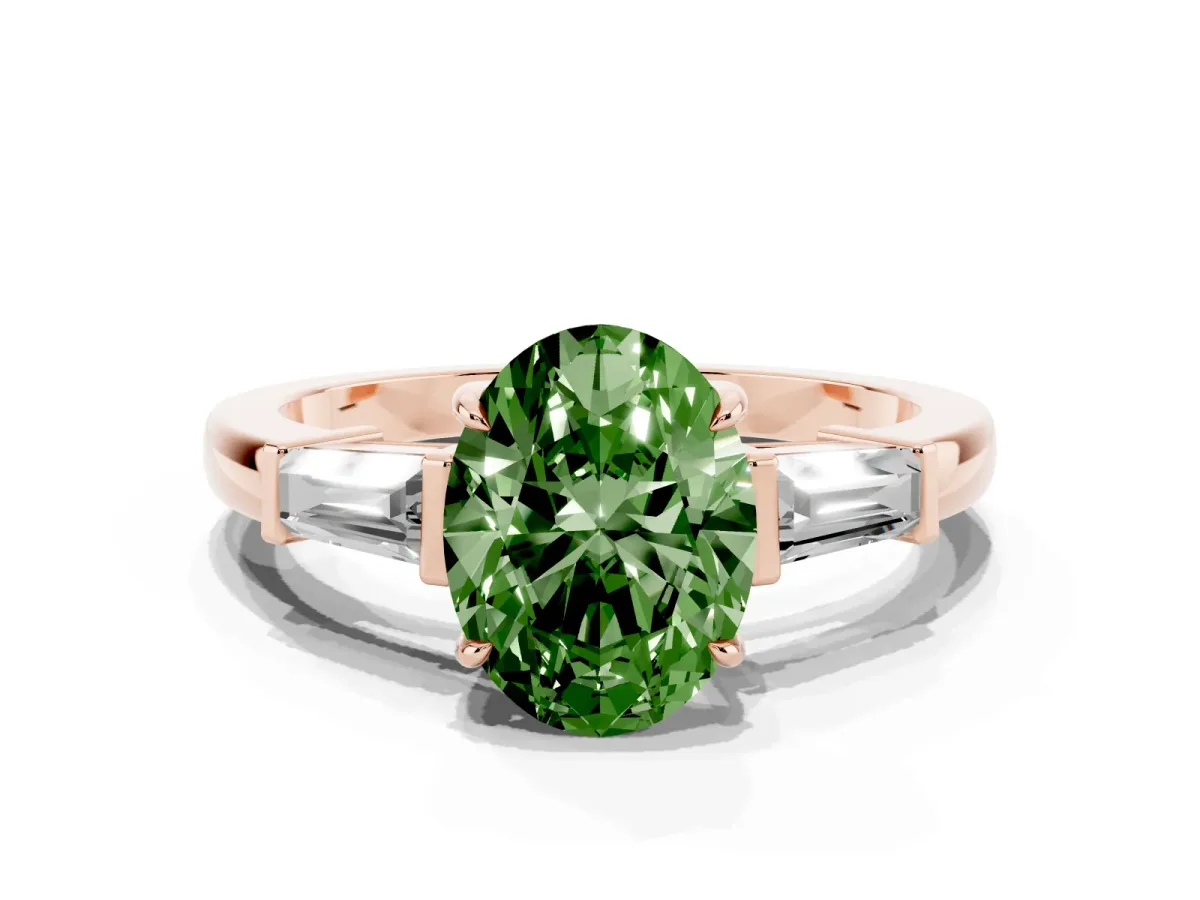 Fancy Green Oval Cut Diamond Three-Stone Ring with Tapered Baguette Side Stones and Prong Setting Rose gold