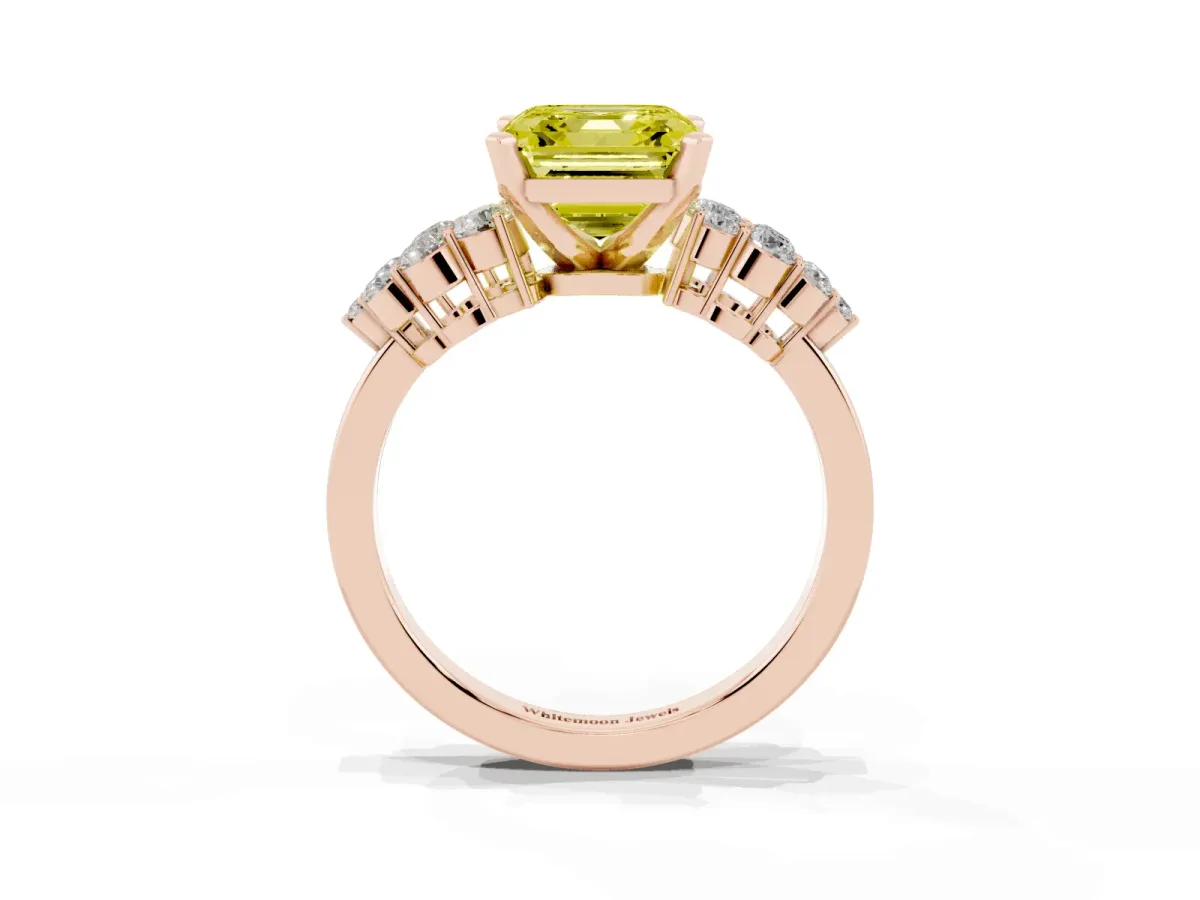 Fancy Yellow Asscher Cut Cluster Diamond Engagement Ring with Pavé Band and Four-Prong Setting Rose gold