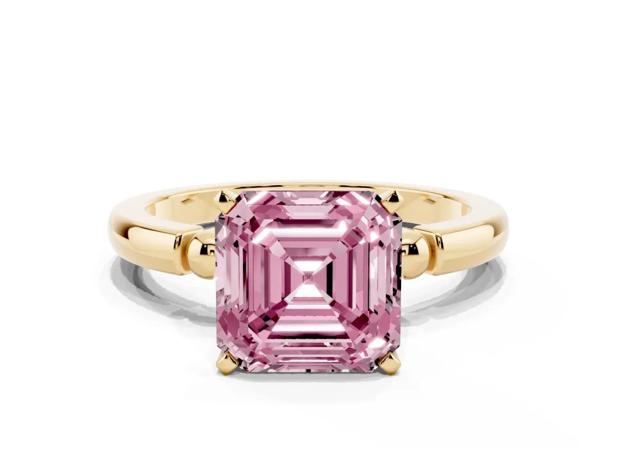 Fancy Pink Asscher Cut Solitaire Beaded Band with Four-Prong Setting Yellow gold