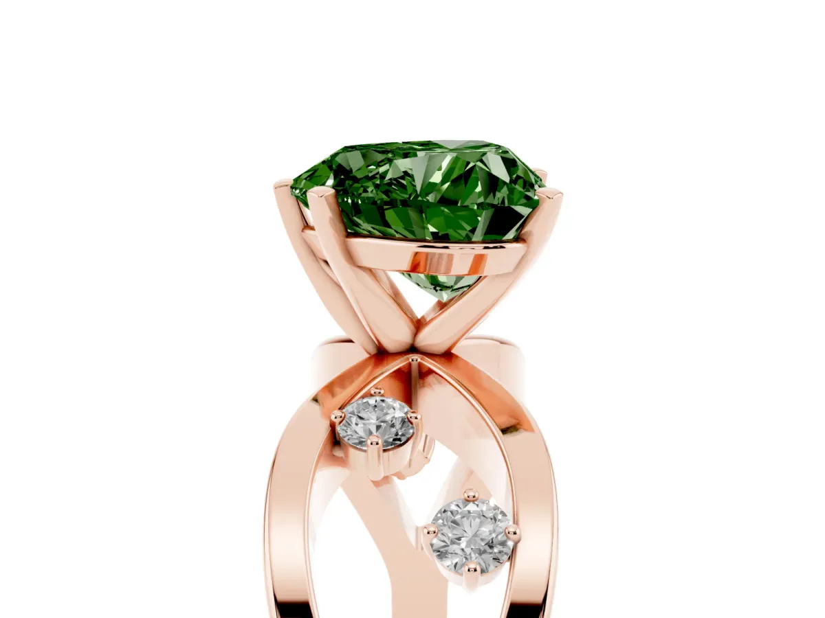 Fancy Green Heart Cut Cut Solitaire Diamond with Side Stones on Criss-Cross Band and Four-Prong Setting Rose gold