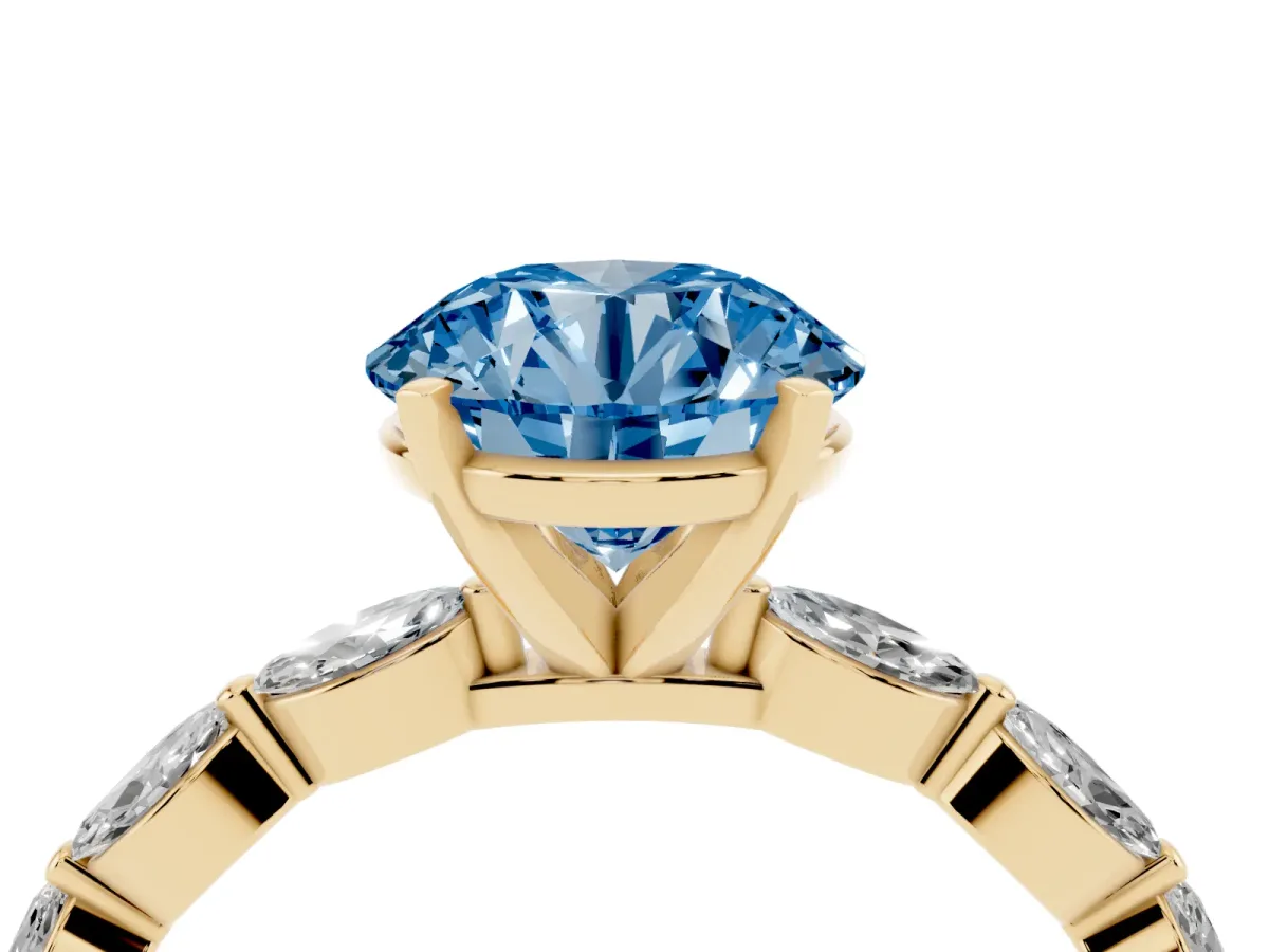 Fancy Blue Round Cut Diamond Ring with Marquise Side Stones and Prong Setting Yellow gold