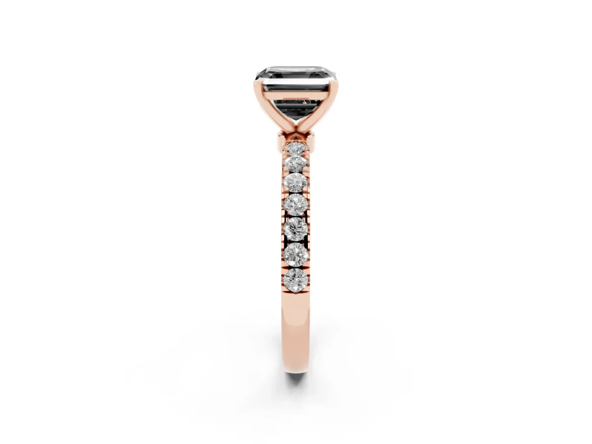Fancy Black Asscher Cut Diamond Solitaire Ring with Pavé Accents and Four-Prong Setting Rose gold