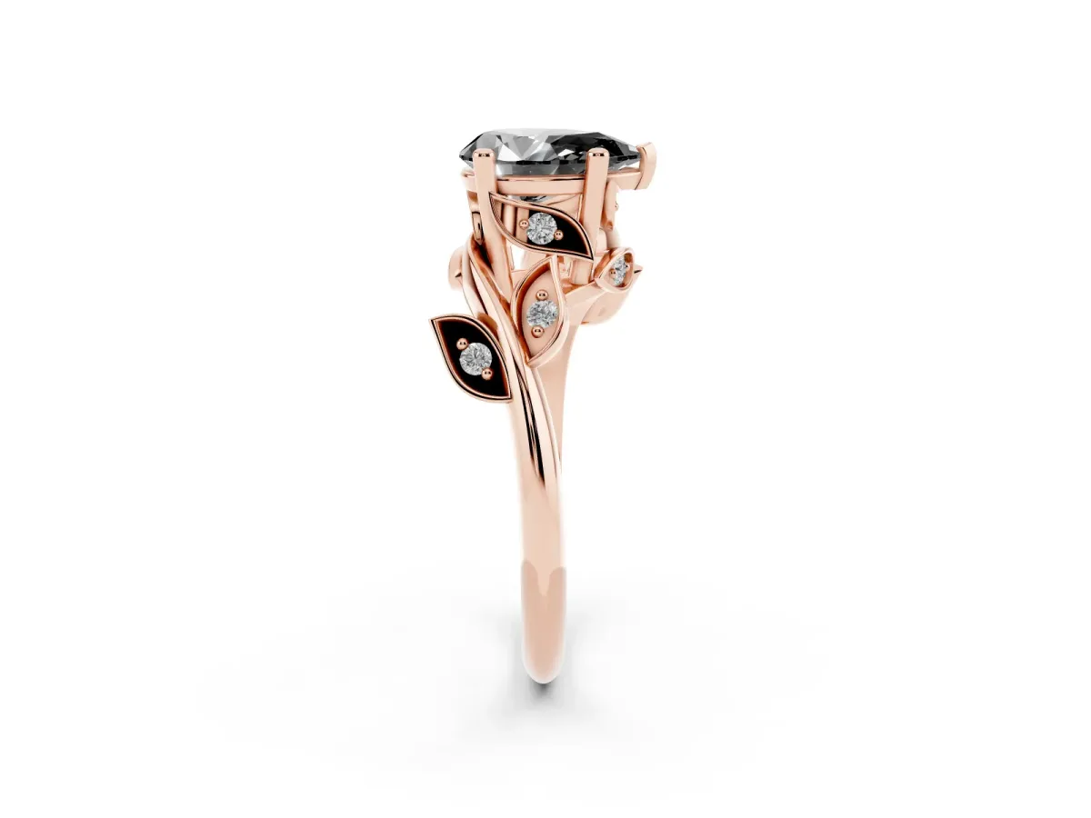 Fancy Black Pear Cut Solitaire Twist Engagement Ring with Leaf Accents and Prong Setting Rose gold