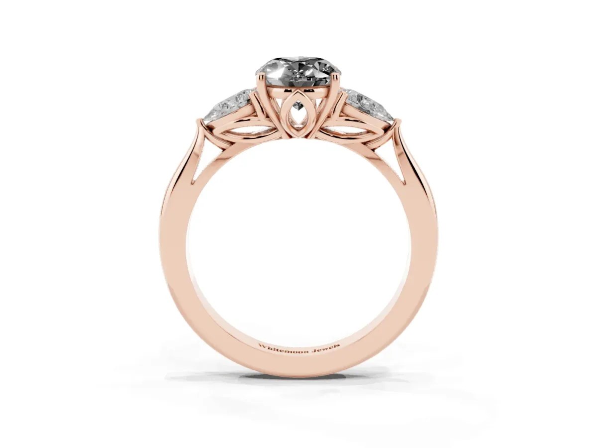 Fancy Black Three-Stone Oval Cut Brilliant Diamond Solitaire Ring with Tapered Band and Four-Prong Setting Rose gold