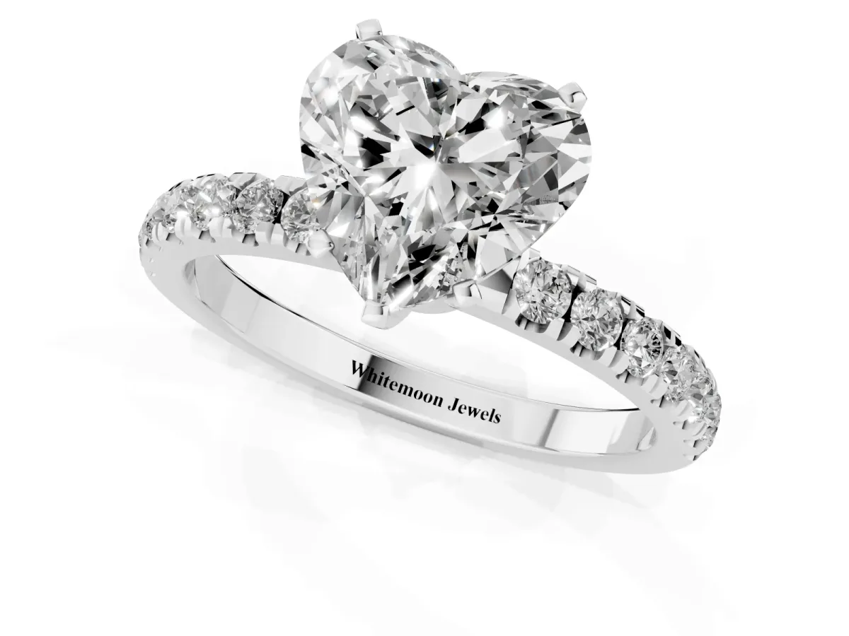 Heart Cut Diamond Solitaire Ring with Pavé Accents and Four-Prong Setting Silver