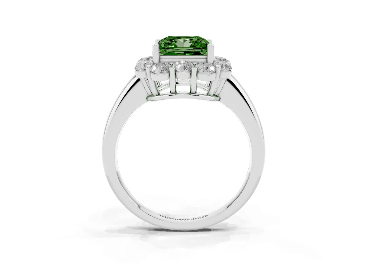 Fancy Green Princess Cut Halo Milgrain Solitaire with Bezel Set Side Stones and Pave Band Silver