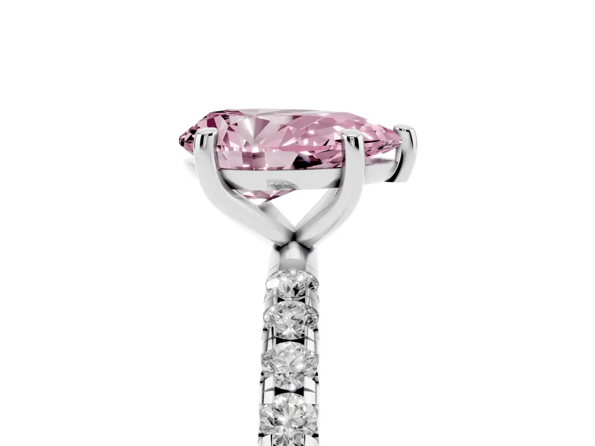 Fancy Pink Pear Cut Cut Diamond Solitaire Ring with Micro Pave Band and Four Prong Setting Silver