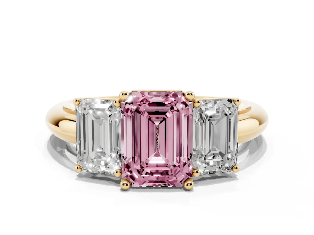 Fancy Pink Three-Stone Emerald Cut Cut Diamond Engagement Ring with Prong Setting on a White Gold Band Yellow gold
