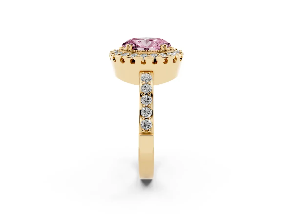 Fancy Pink Oval Cut Diamond Halo Ring with Pavé Band and Prong Setting Yellow gold