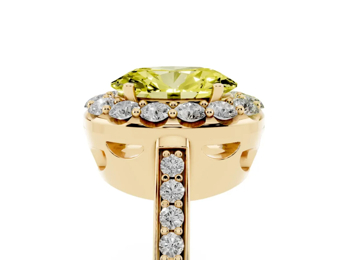 Fancy Yellow Oval Cut Diamond Floral Halo Ring with Pavé Band and Prong Setting Yellow gold