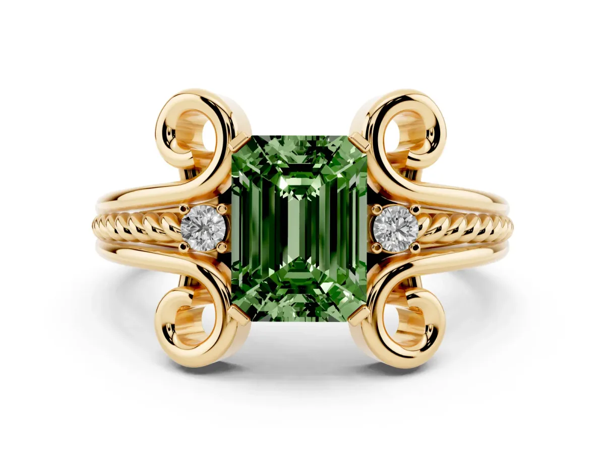 Fancy Green Emerald Cut Solitaire Twisted Band Scroll Prong Ring Yellow gold