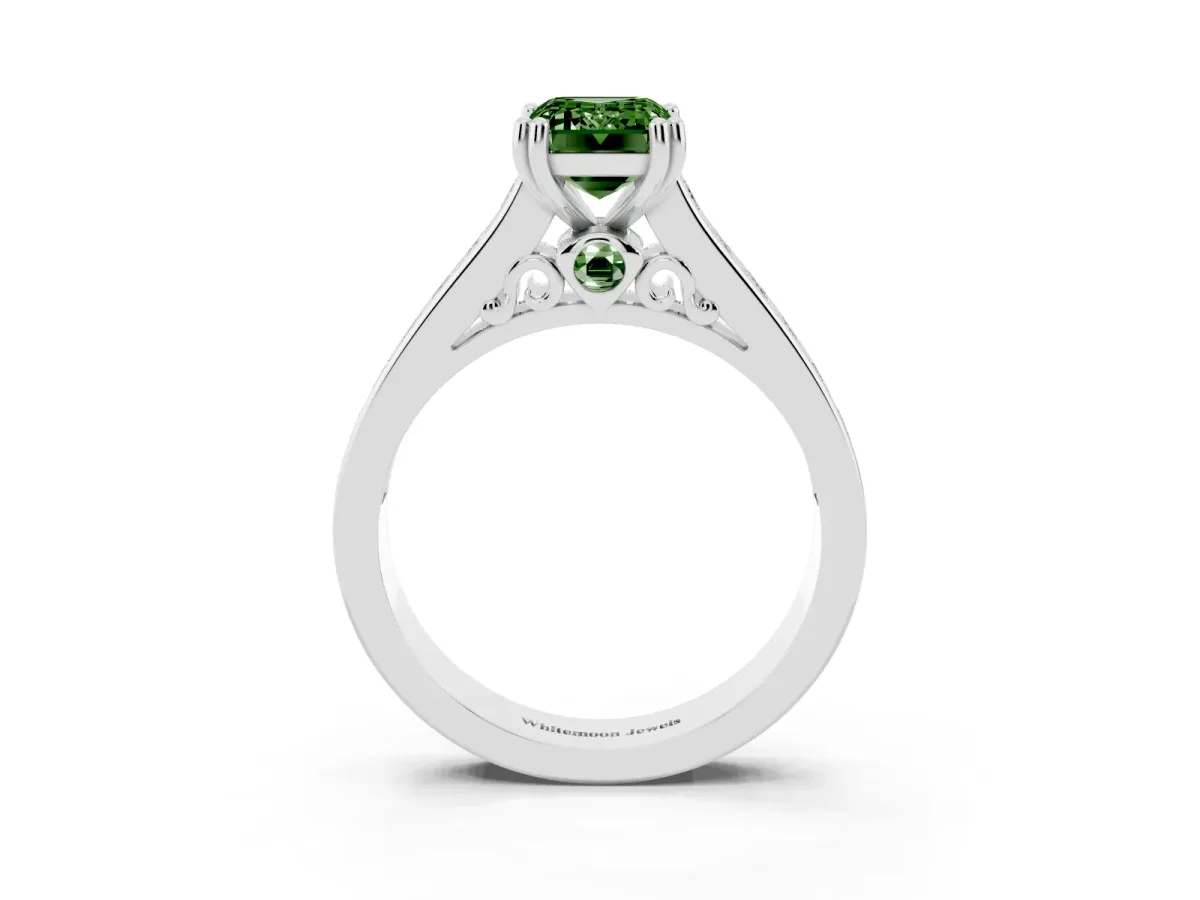 Fancy Green Emerald Cut Cut Channel Set Solitaire Engagement Ring with Prong Setting White gold