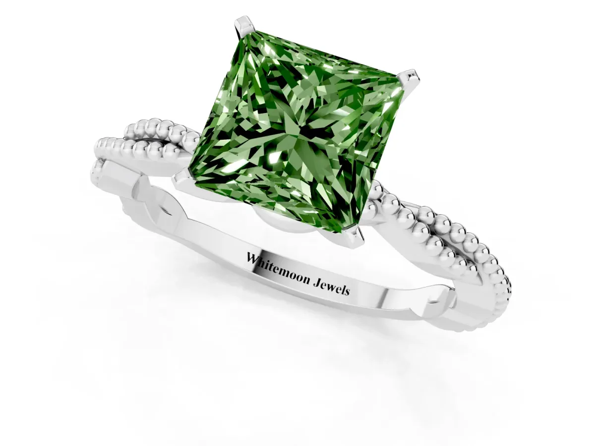 Fancy Green Princess Cut Solitaire Twisted Band with Bead Prong Setting Platinum