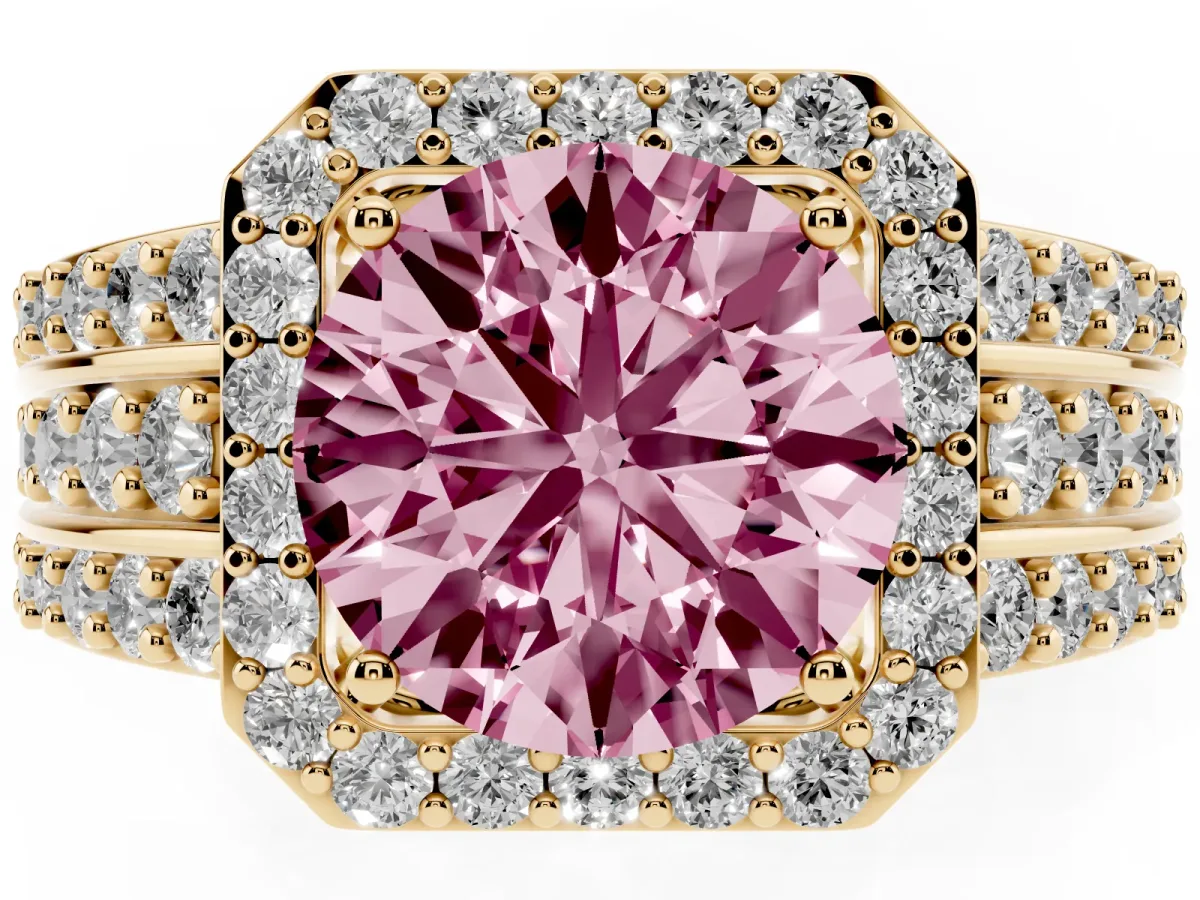 Fancy Pink Round Cut Halo Diamond Ring with Round Split Shank and Prong Setting Yellow gold