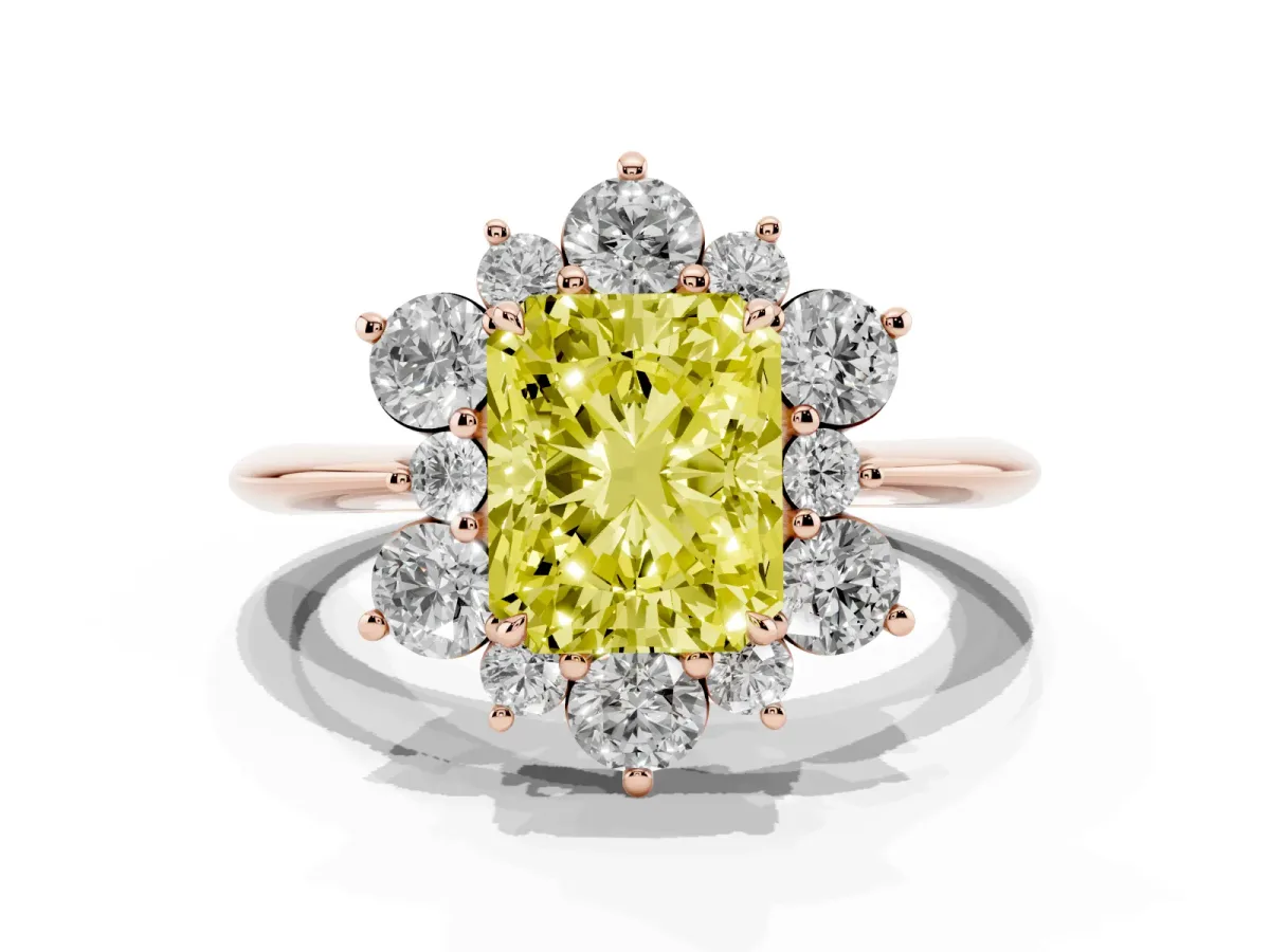 Fancy Yellow Radiant Cut Diamond Cluster Halo Ring with Solitaire Band and Four-Prong Setting Rose gold