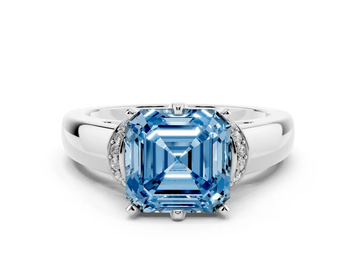 Fancy Blue Asscher Cut Solitaire Diamond Ring with Pave Band and Six-Prong Setting Silver