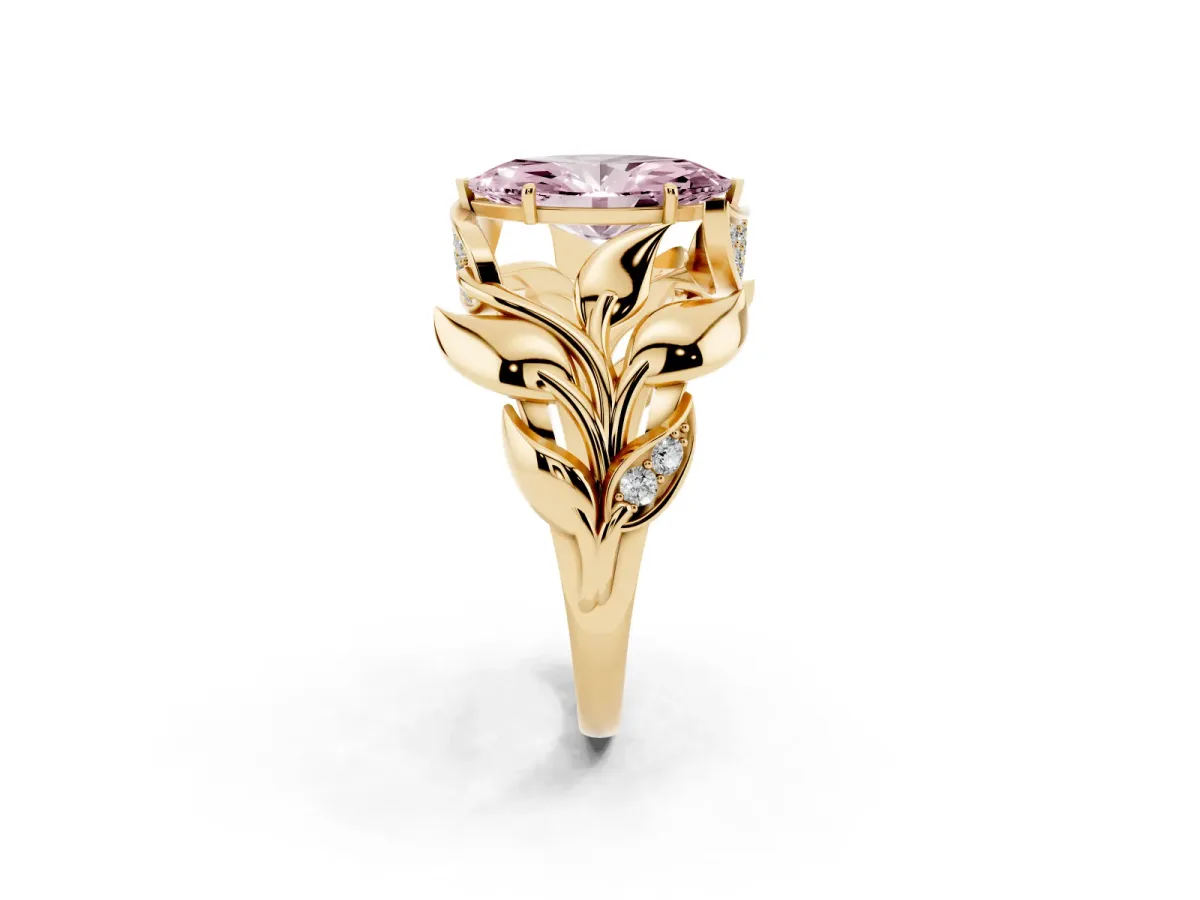Fancy Pink Marquise Cut Diamond Leaf-Inspired Engagement Ring with Round Accents and Prong Setting Yellow gold