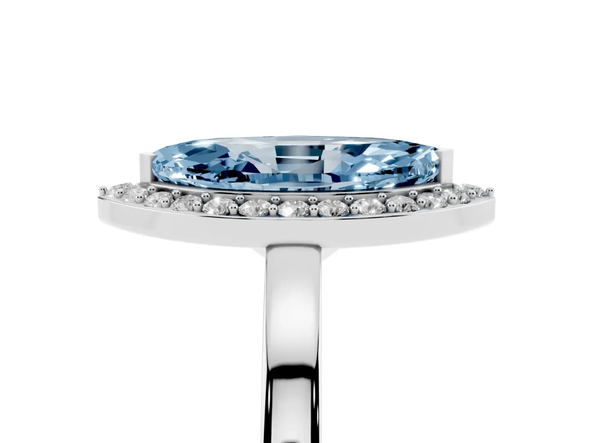 Fancy Blue Marquise Cut Halo Diamond Ring with Solitaire Band and Prong Setting Platinum