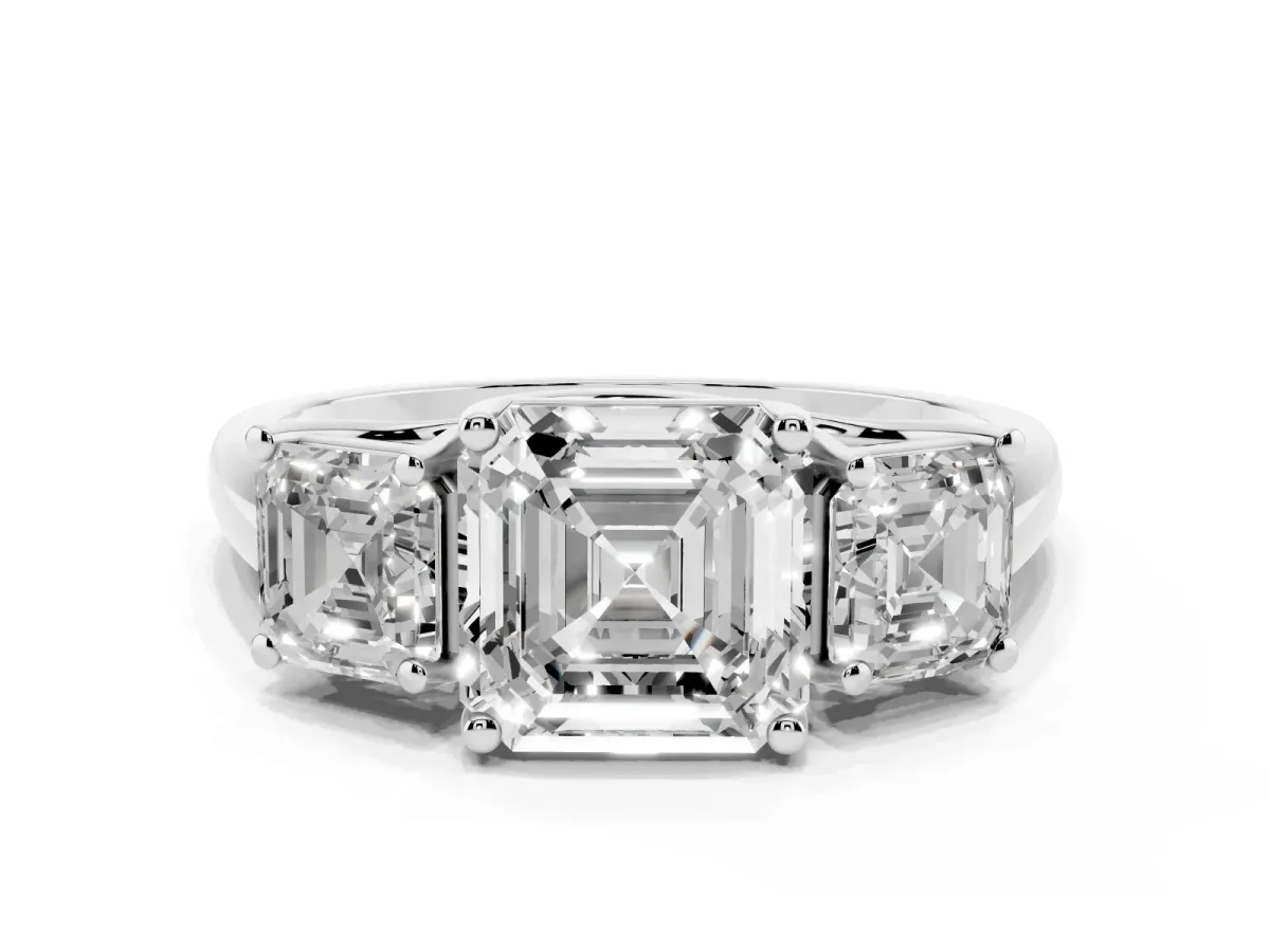 Three-Stone Asscher Cut Diamond Engagement Ring with Prong Setting Silver