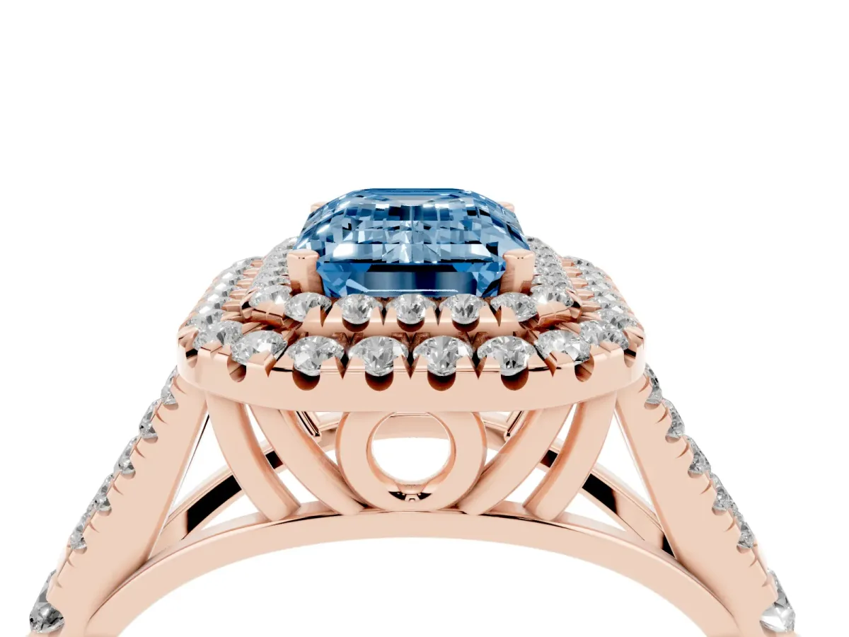 Fancy Blue Emerald Cut Diamond Pavé Split Shank Double Halo Engagement Ring Rose gold