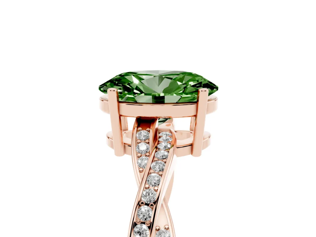 Fancy Green Oval Cut Solitaire Twisted Pave Diamond Ring with Four-Prong Setting Rose gold