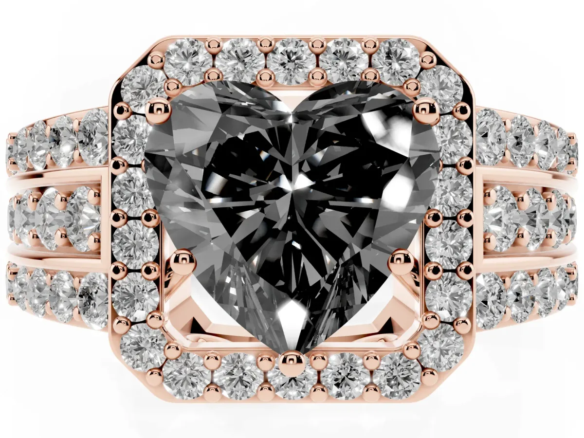 Fancy Black Heart Cut Halo Diamond Ring with Round Split Shank and Prong Setting Rose gold