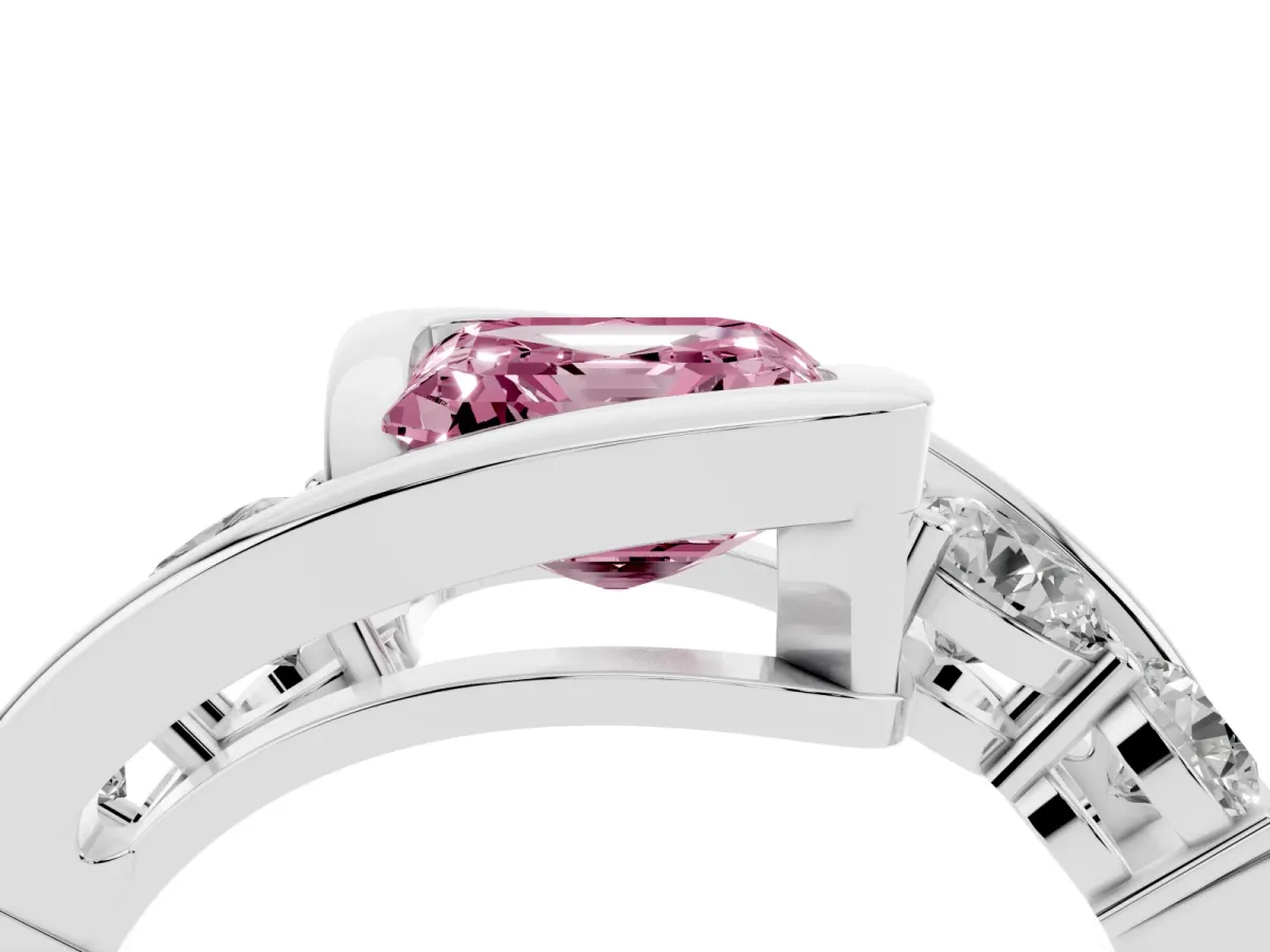 Fancy Pink Bezel Set Asscher Cut Diamond Bypass Ring with Round Accents Silver