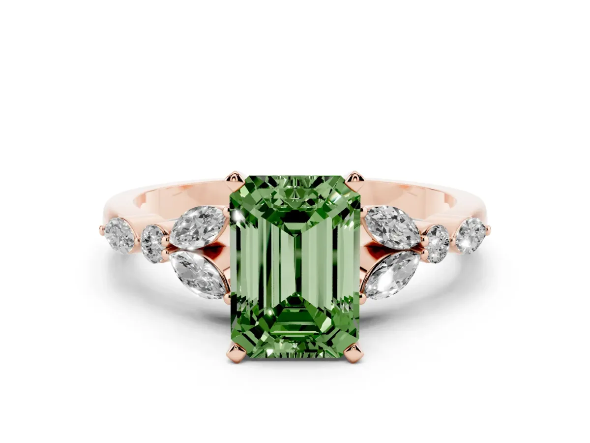 Fancy Green Emerald Cut Diamond Solitaire Ring with Side Stones and Four-Prong Setting Rose gold