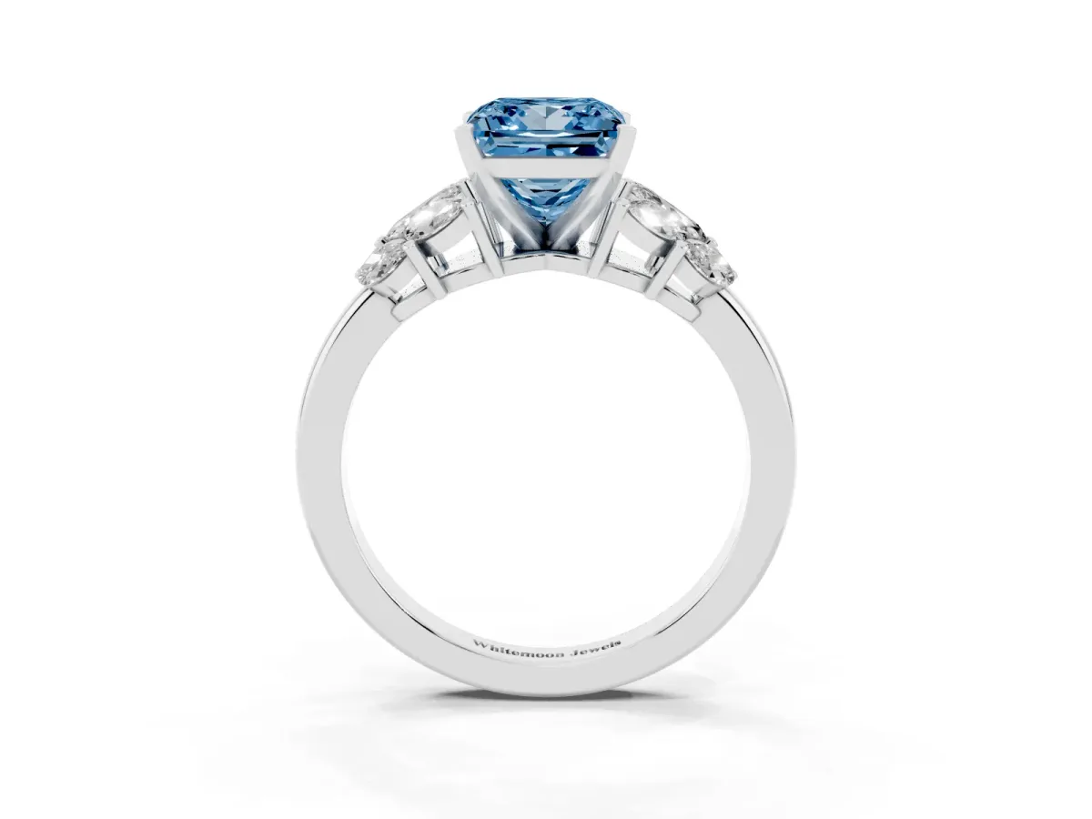 Fancy Blue Princess Cut Diamond Cluster Leaf Design Ring with Prong Setting Silver