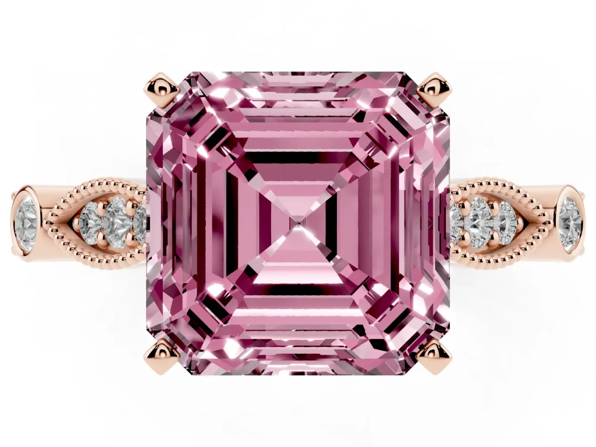 Fancy Pink Asscher Cut Cut Diamond with Milgrain Marquise and Bezel Accents on a Solitaire Band with Prong Setting Rose gold