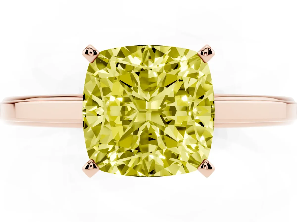 Fancy Yellow Cushion Cut Solitaire Diamond Ring with Four-Prong Setting and Classic Band Rose gold