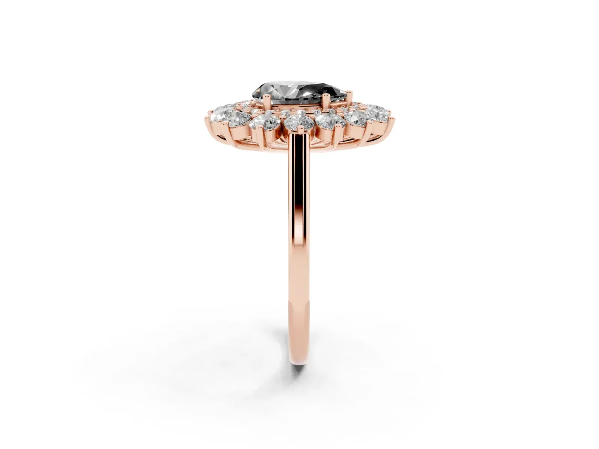 Fancy Black Pear Cut Diamond Floral Double Halo Engagement Ring with Prong Setting Rose gold