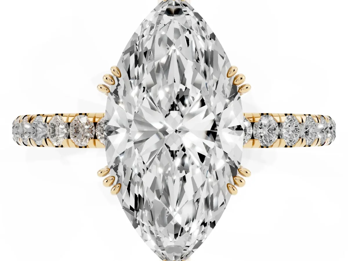 Marquise Cut Brilliant Solitaire with Pavé Band and Claw Prong Setting Yellow gold