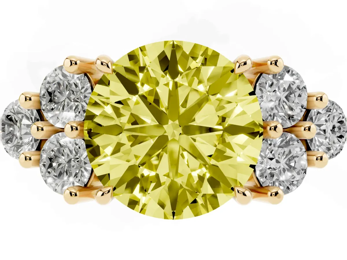 Fancy Yellow Round Cut Brilliant Diamond Cluster Accent Solitaire Ring with Prong Setting Yellow gold