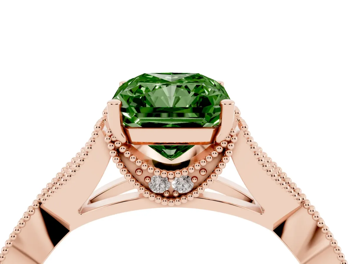 Fancy Green Radiant Cut Cut Diamond Twisted Band with Milgrain Pave Setting and Four-Prong Setting Rose gold