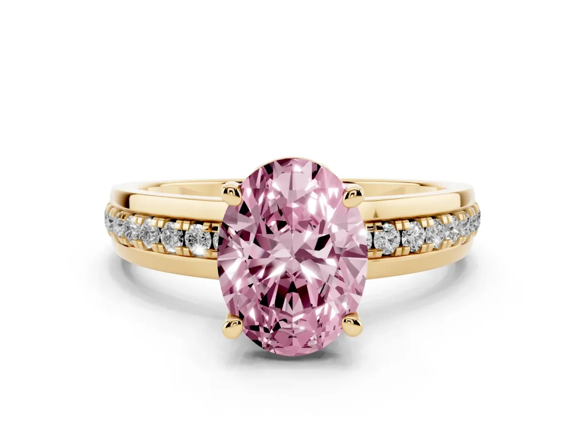 Fancy Pink Oval Cut Solitaire Diamond Ring with Channel Set Band and Six-Prong Setting Yellow gold
