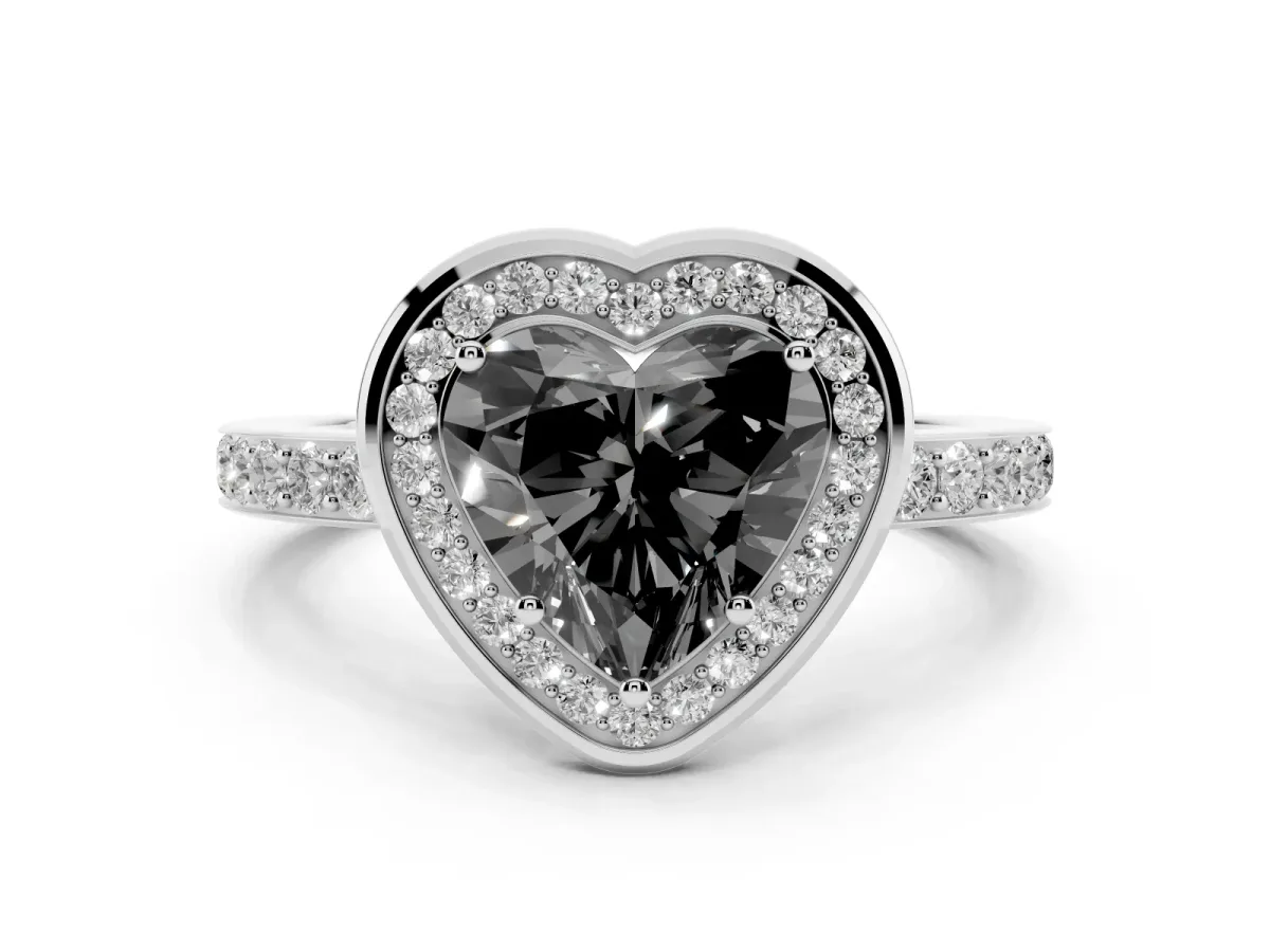 Fancy Black Heart Cut Diamond Halo Ring with Bezel Frame and Pavé Band Silver