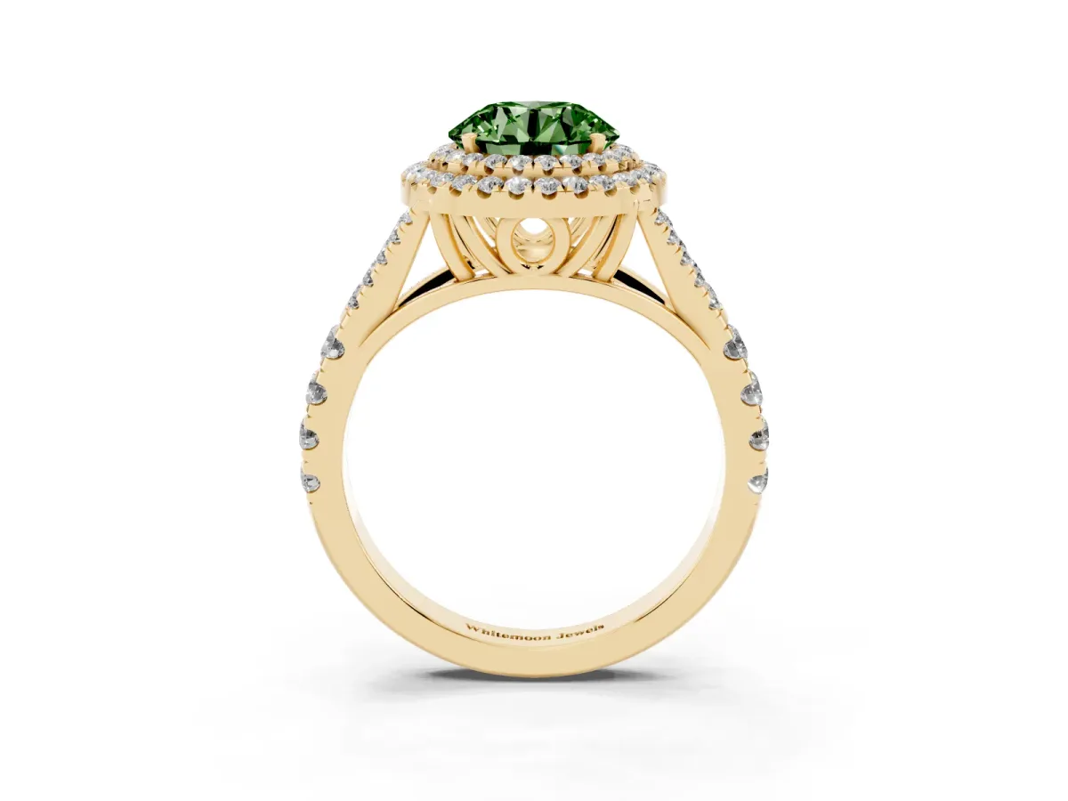 Fancy Green Round Cut Diamond Double Halo Ring with Split Shank and Prong Setting Yellow gold
