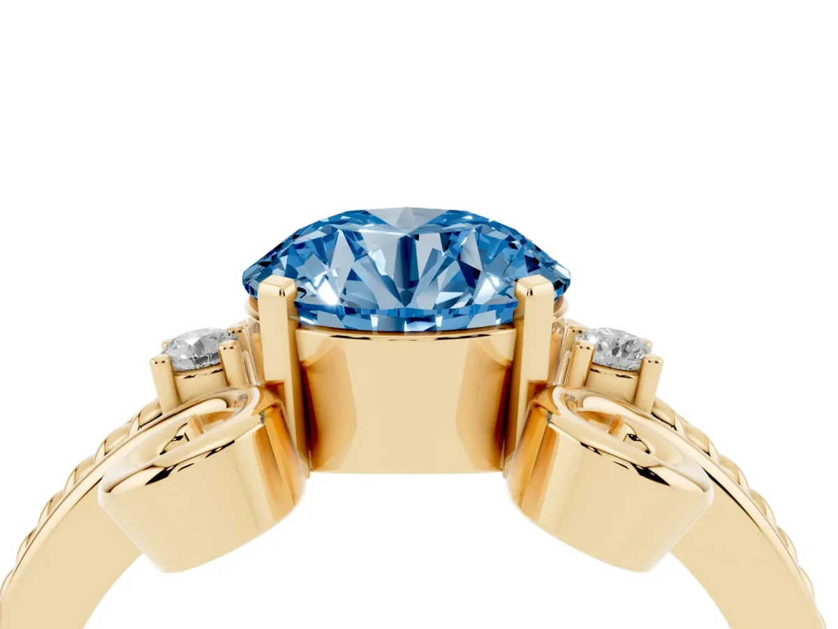 Fancy Blue Round Cut Solitaire Twisted Band Scroll Prong Ring Yellow gold