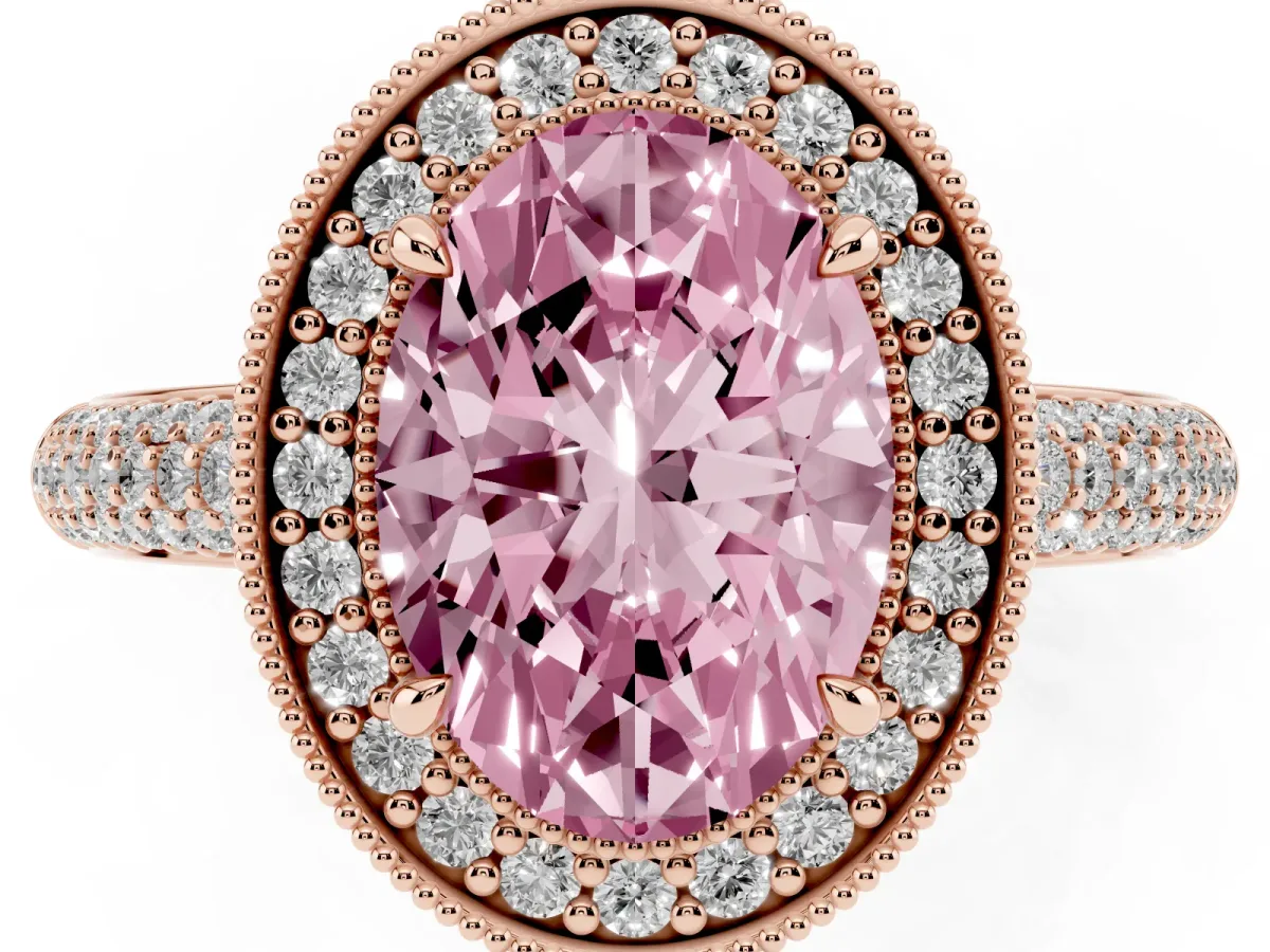 Fancy Pink Oval Cut Cut Halo Diamond Pave Band with Four-Prong Setting Rose gold