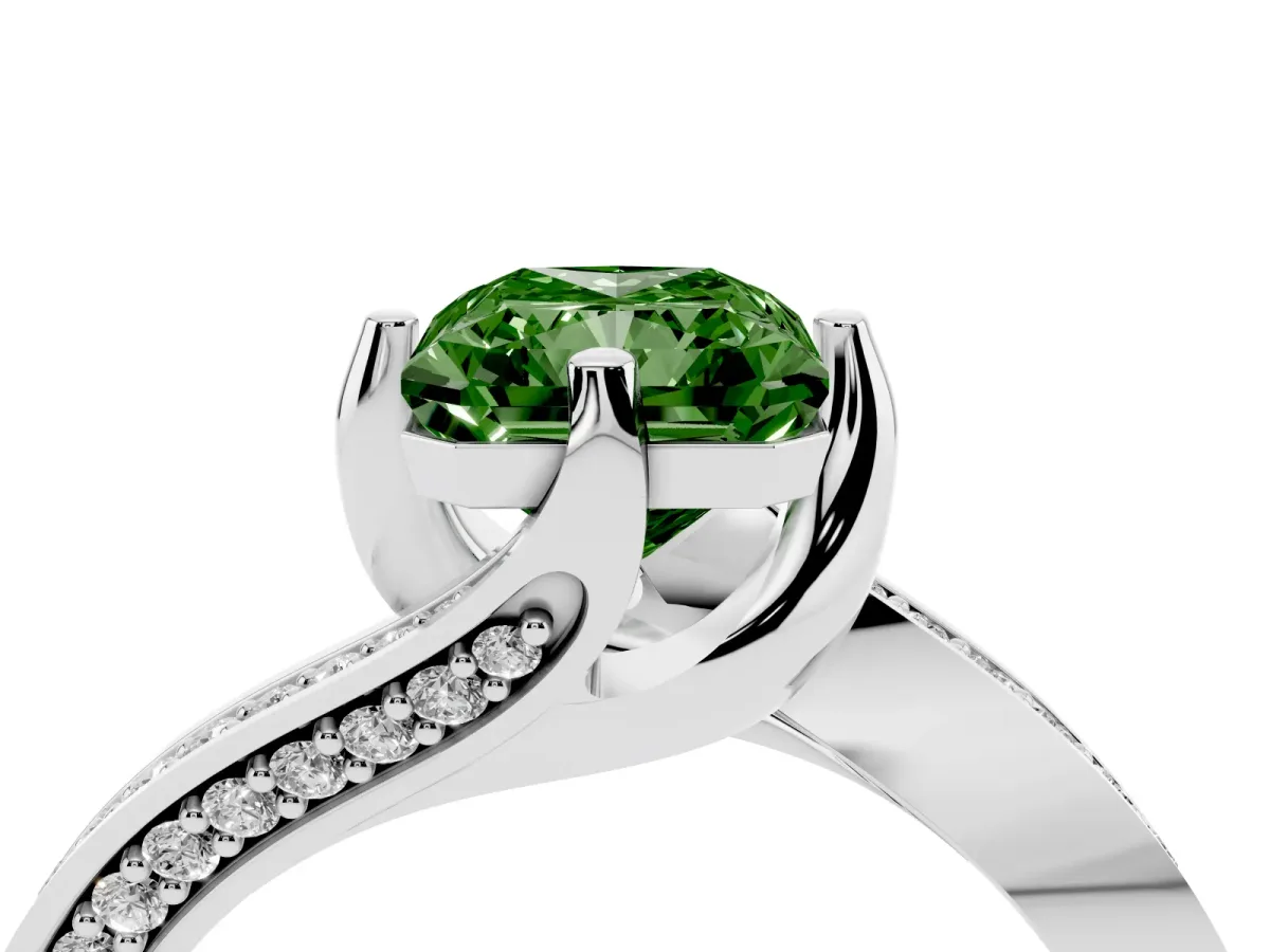 Fancy Green Radiant Cut Solitaire Diamond Twist Band with Pavé Setting and Four-Prong Setting Silver