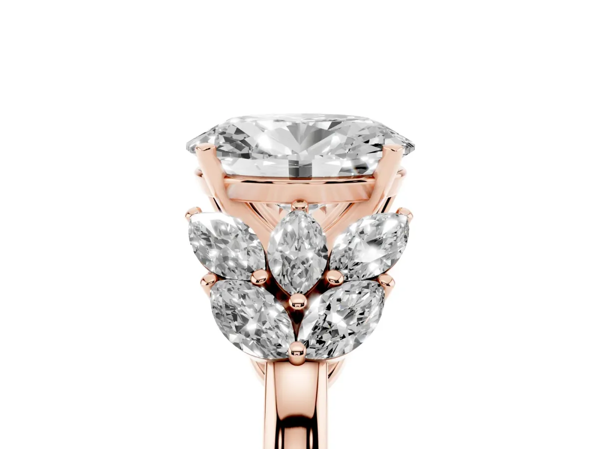 Oval Cut Diamond Cluster Leaf Design Ring with Prong Setting Rose gold
